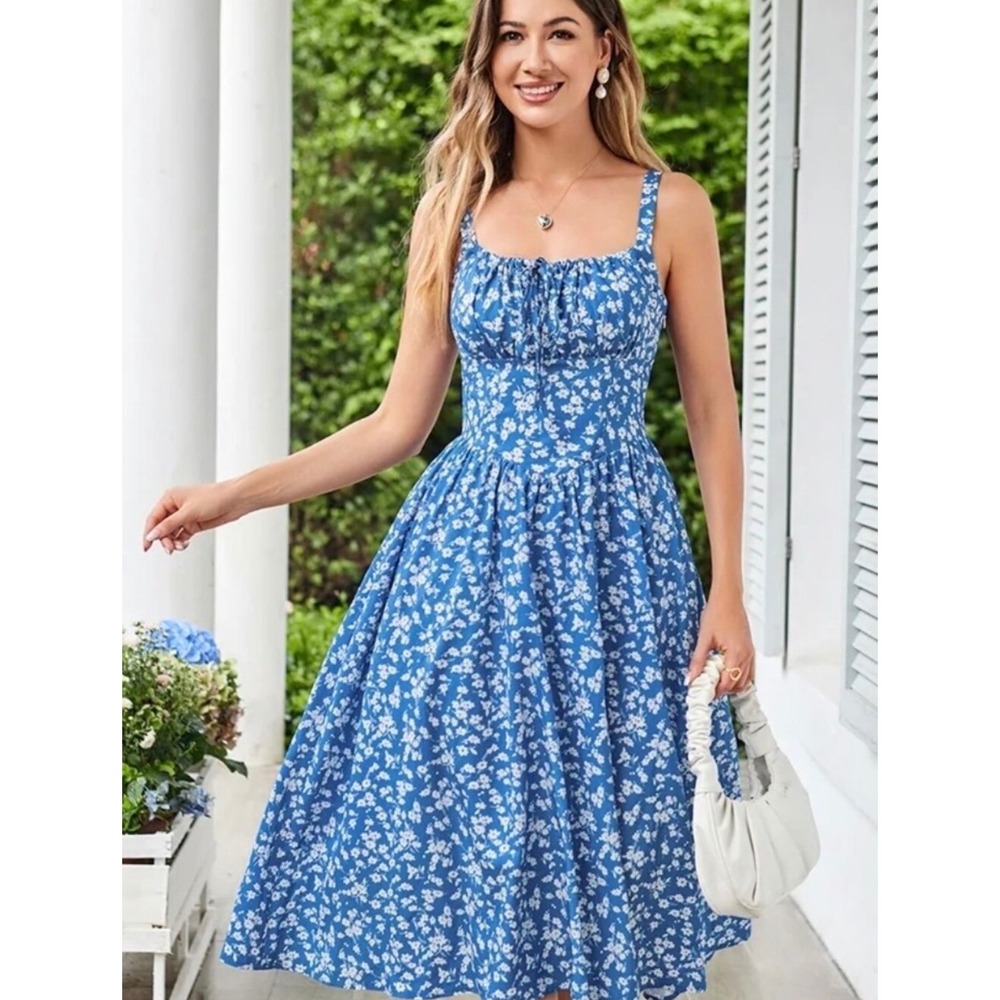 Scarlet Darkness Midi Dress Womens L Blue Floral Milkmaid Smocked Cottagecore